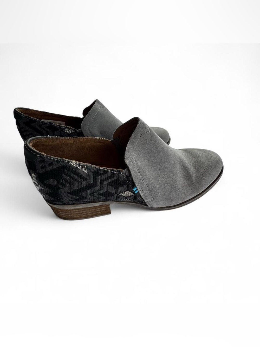 TOMS Gray Suede Aztec Black Heel Ankle Boots, 8.5 Boho Indie Festival Western